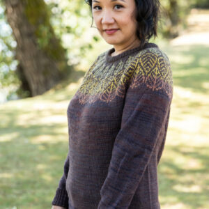 Falling Leaves sweater design by Andrea Rangel knit in SweetGeorgia BFL+Silk DK yarn
