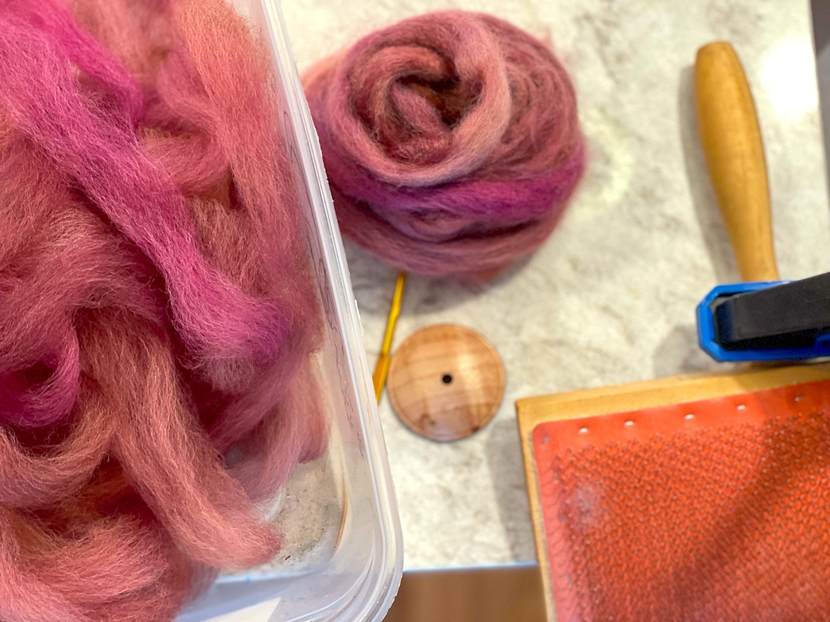 fibre prepared with a diz and hand cards