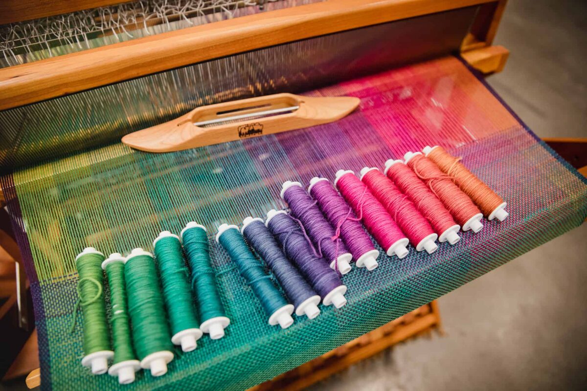 Felicia Lo's Colour Gamp shawl - weaving in progress using Party of Five mini-skein yarn