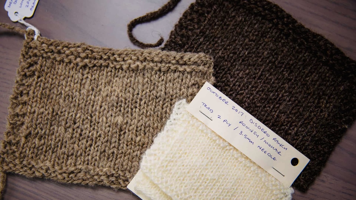 Handknit swatches made from handspun yarn, featured in the Spin to Knit a Sweater course at the School of SweetGeorgia.