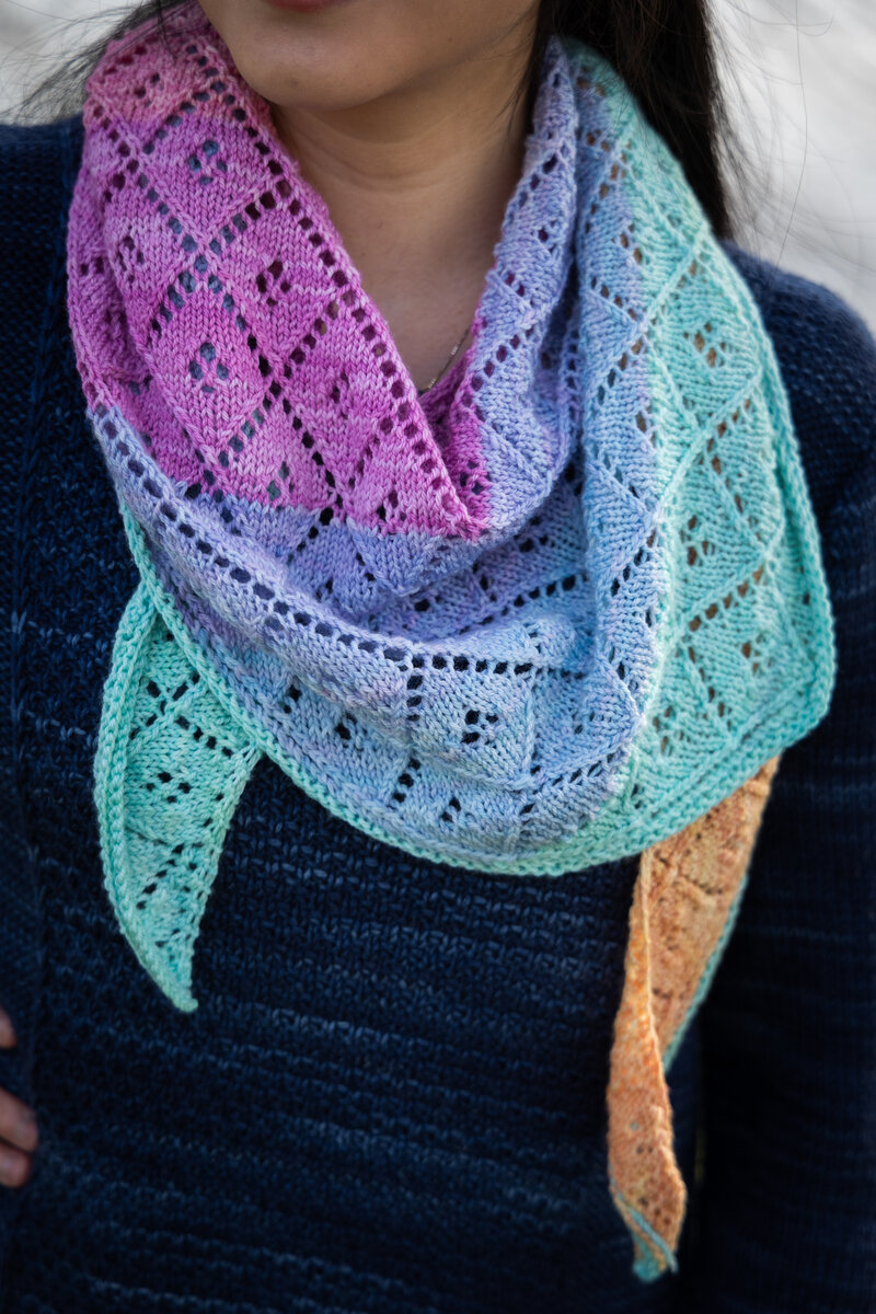 Knit Wild Orange shawl in Enlighten Hexa Hue mini-skeins