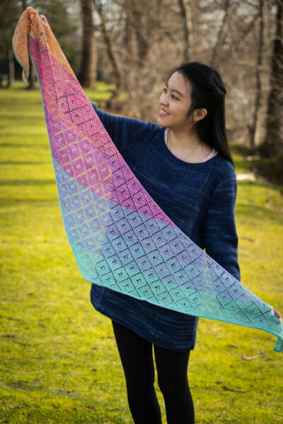 Knit Wild Orange shawl in Tough Love Sock Hexa Hue mini-skeins