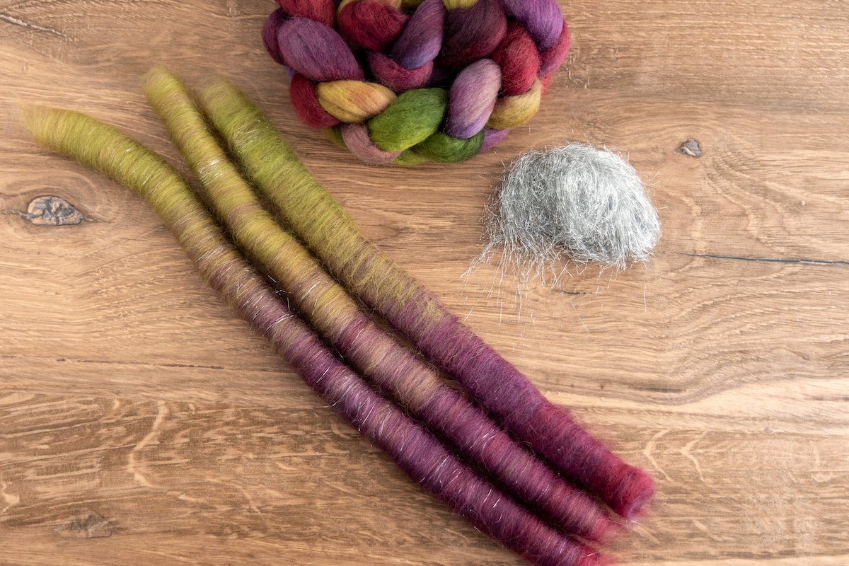 These rolags were made using SweetGeorgia’s Sprinkles of Joy colourway on the Corriedale fibre base, with just a touch of Angelina for a hint of sparkle.