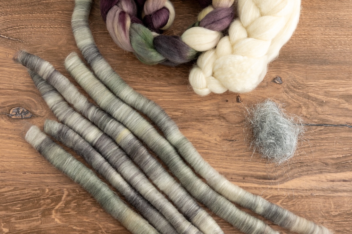 Mixing undyed BFL with SweetGeorgia’s Shadows on Snow colourway with a touch of Angelina helps capture the delicate shimmer of light on fresh snow.