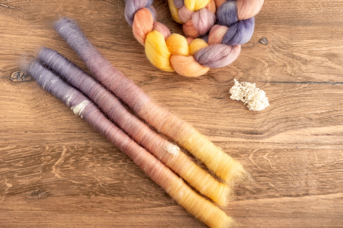Blending silk noils with the SweetGeorgia Wensley’s Field colourway on Corriedale creates a stunning effect, like soft clouds above a sunlit field.