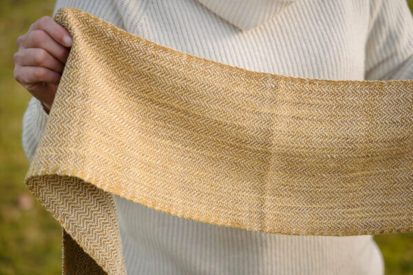 Handwoven Fraser Scarf weaving design by Amanda Wood in golden hand-dyed yarn by SweetGeorgia Yarns