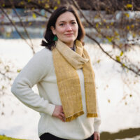 Handwoven Fraser Scarf weaving design by Amanda Wood in golden hand-dyed yarn by SweetGeorgia Yarns