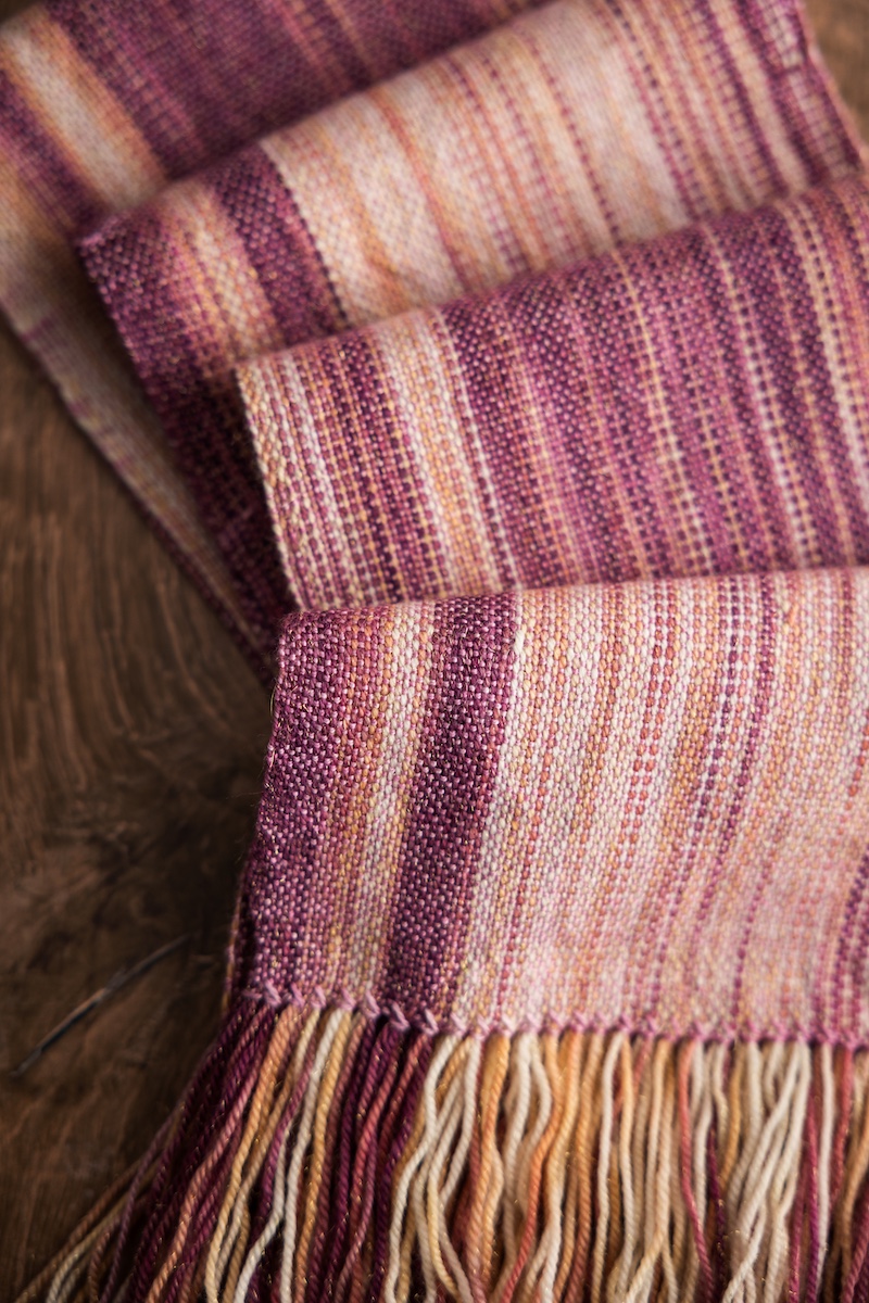 Plain weave faux ikat scarf using SweetGeorgia hand-dyed yarn club