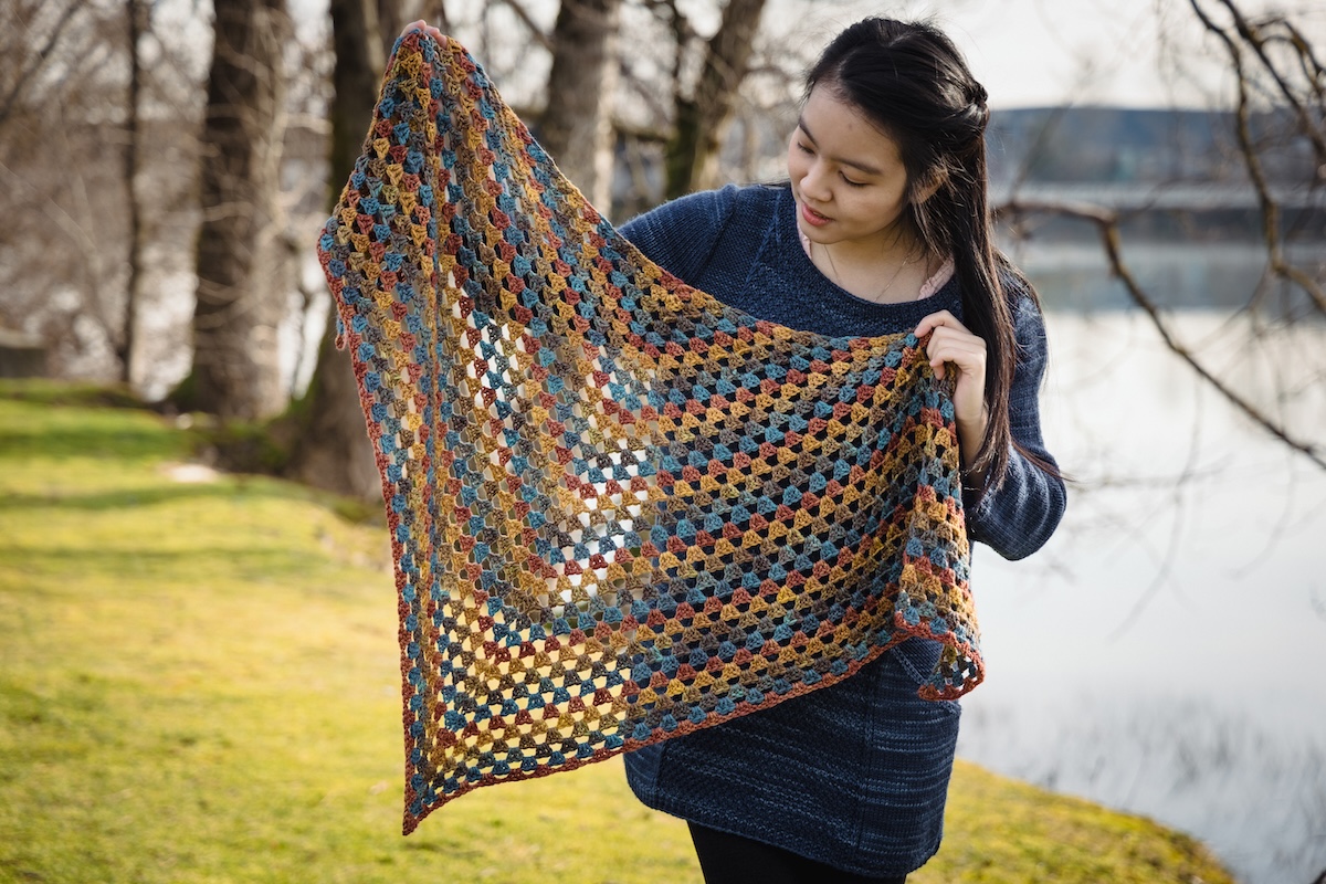 The Coast to Colour crochet shawl, Designed by Charlotte Lee