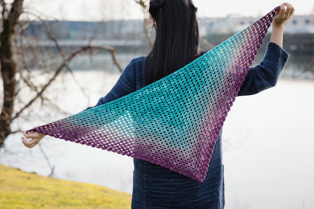 The Coast to Colour crochet shawl, Designed by Charlotte Lee.