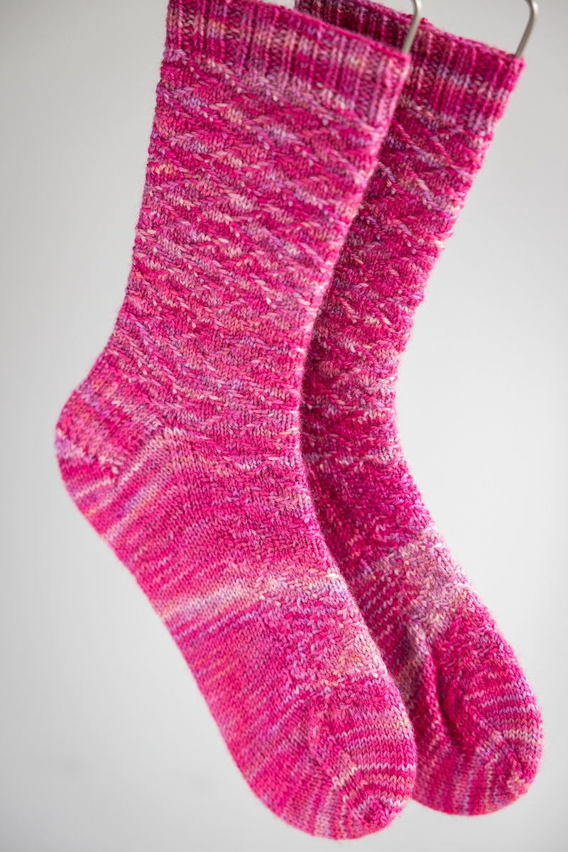 Kelias socks pattern knit in So Kawaii Club colourway