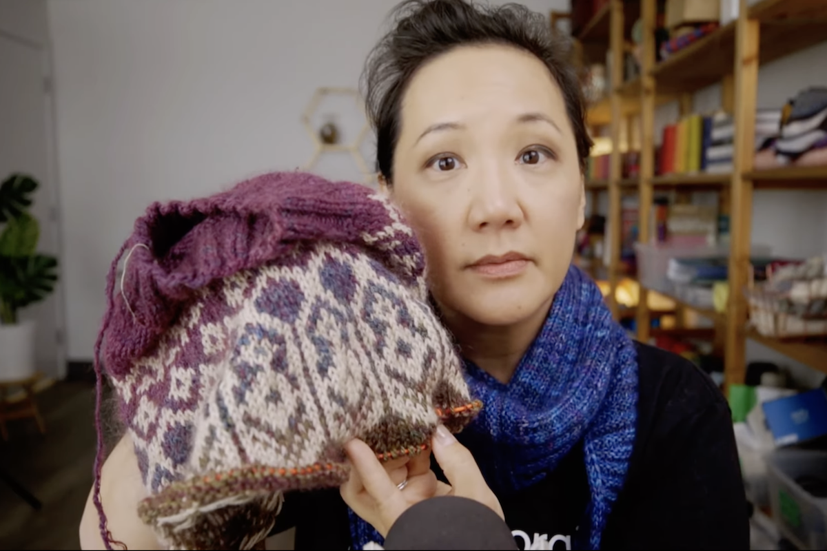 Felicia Lo showing the Girdwood sweater project in-progress on the SweetGeorgia YouTube linvestream