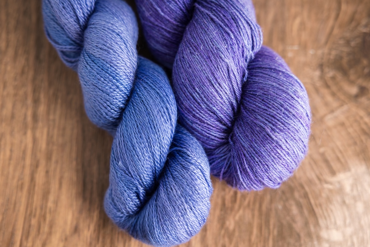 Lavender colourway in CaskSilk Lace (L) and Flaxen Silk Fine (R)