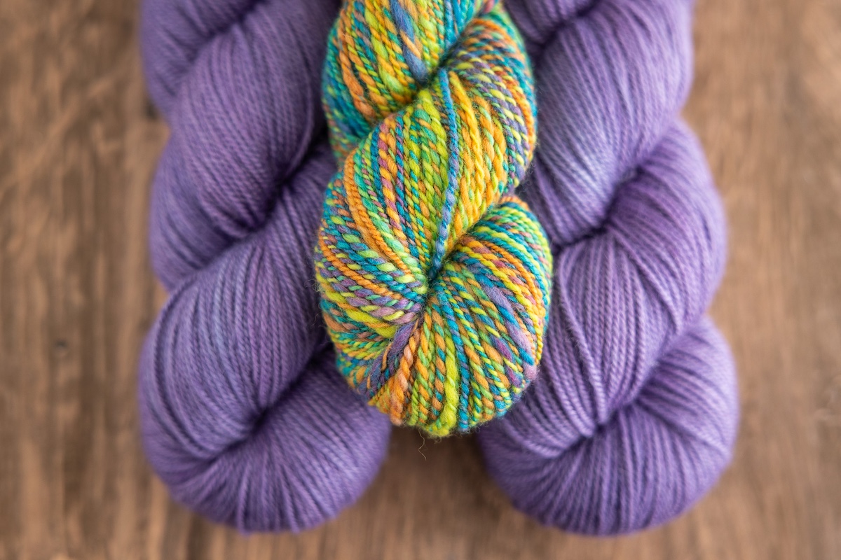 Hand dyed commerically spun yarn and handspun yarn