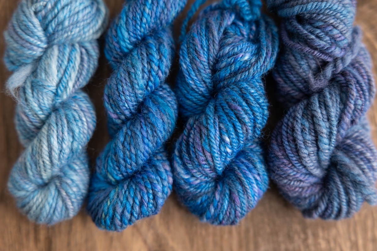 Blue handspun yarn samples
