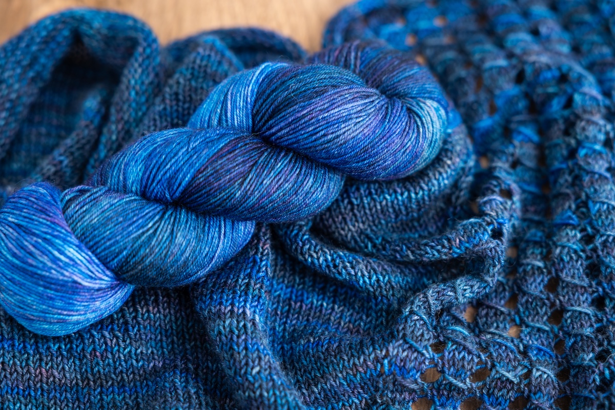 Sheaves shawl pattern knit in Lapis Lazuli Secret Stash Club hand-dyed yarn