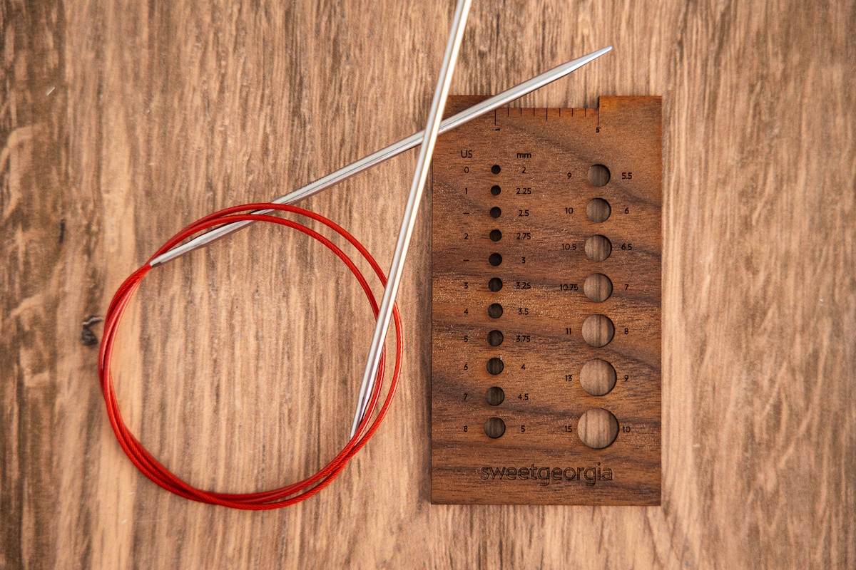 SweetGeorgia Walnut Needle Gauge and ChiaoGoo Red Lace circular needles 32"