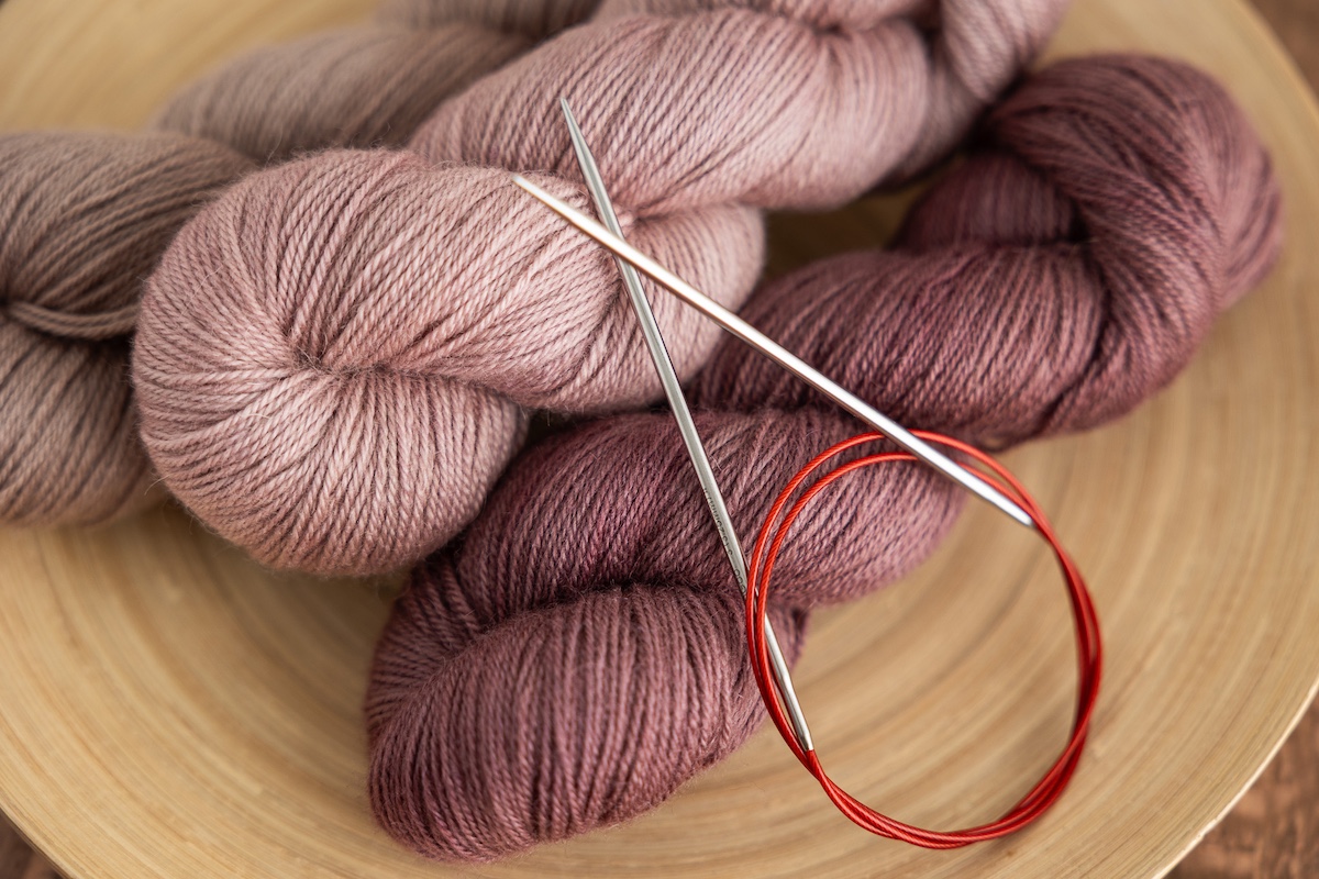 SweetGeorgia Trifecta Fine yarn and ChiaoGoo Red Lace circular needles 32"