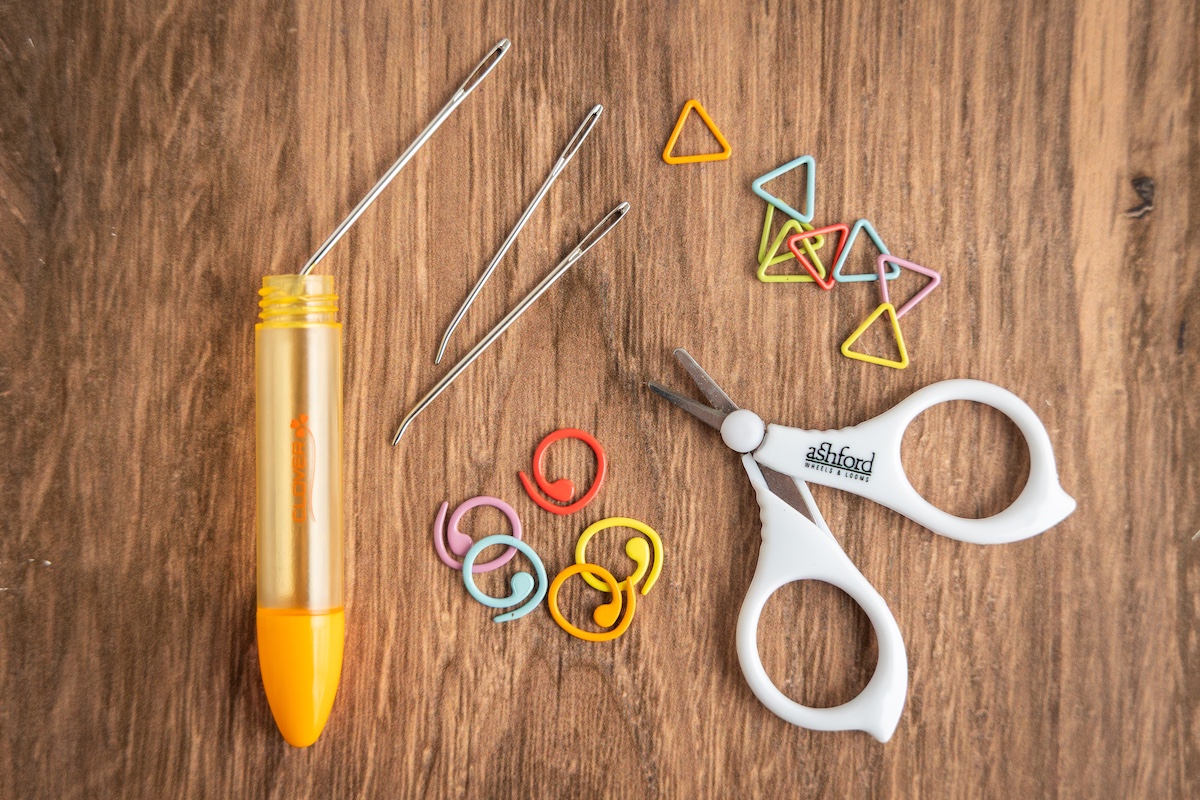Clover darning needles, Ashford scissors and Cocoknits stitch markers