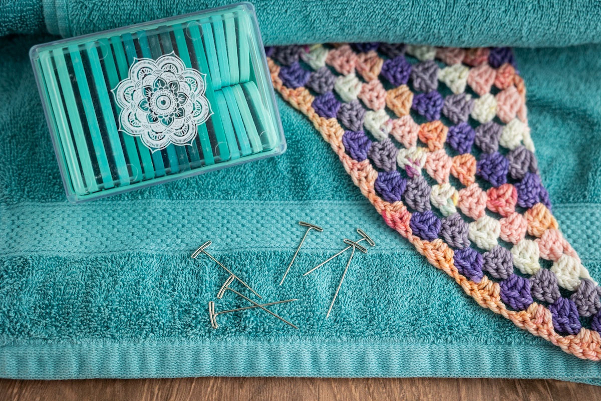 Knit Blockers, T-pins for wet blocking and Coast to Colour shawl by Charlotte Lee