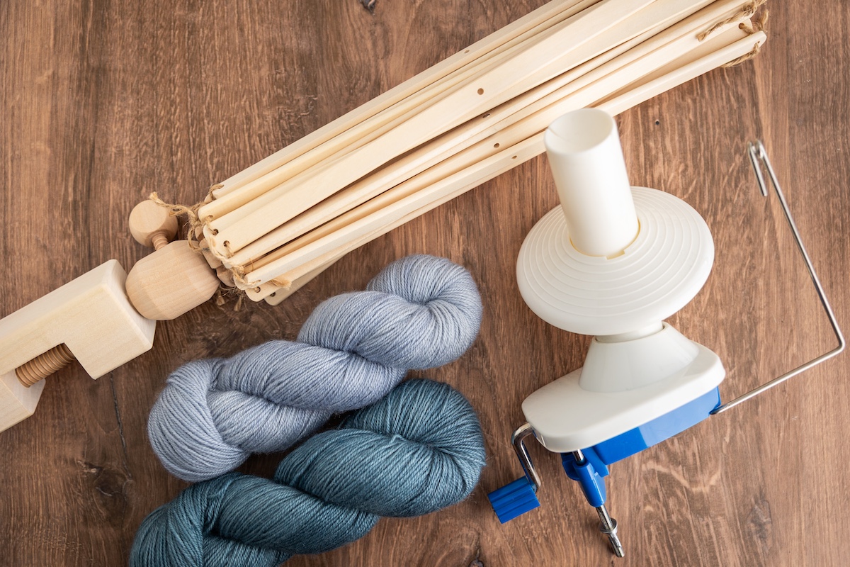 Estelle Swift, Estelle ball winder, and SweetGeorgia BFL+Silk yarn