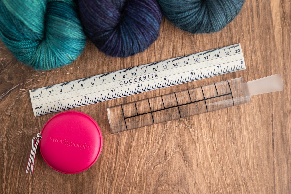 EZ PZ and Cocoknits gauge rulers, SweetGeorgia measuring tape, and SweetGeorgia BFL+Silk crochet yarn