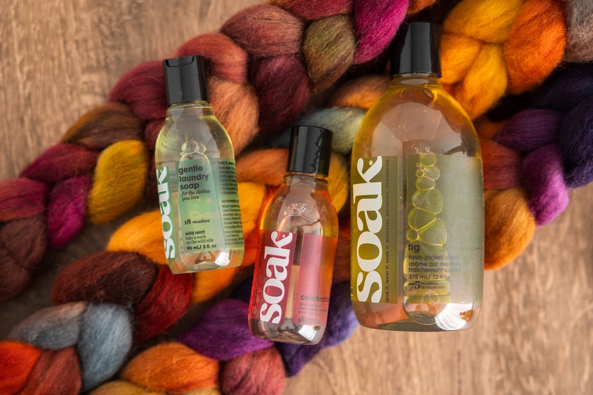 Soak gentle wool wash and hand-dyed Corriedale fibre braids