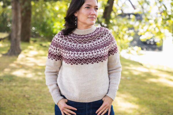 Colourwork yoke sweater knit in hand dyed yarn