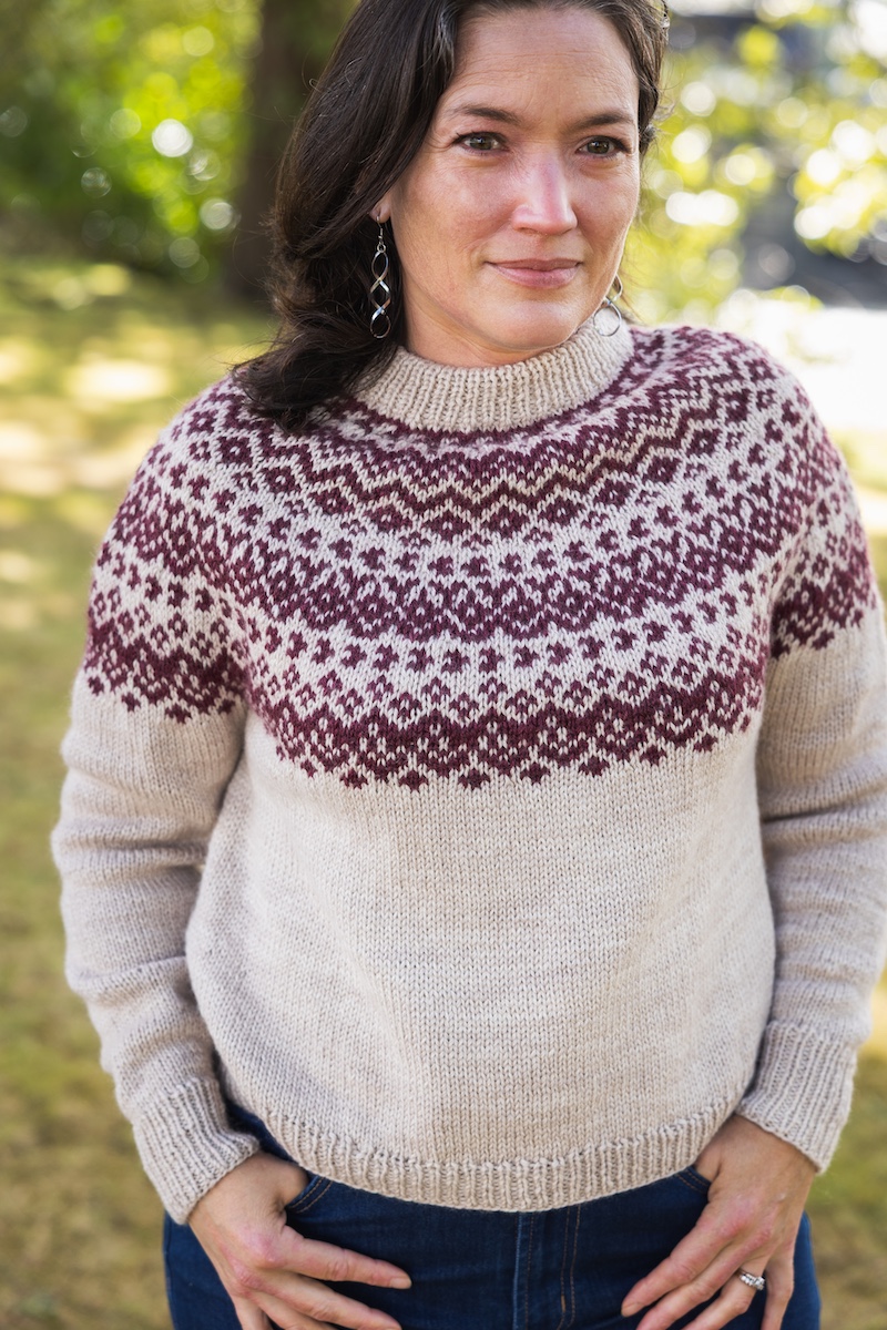 Colourwork yoke sweater knit in hand dyed yarn