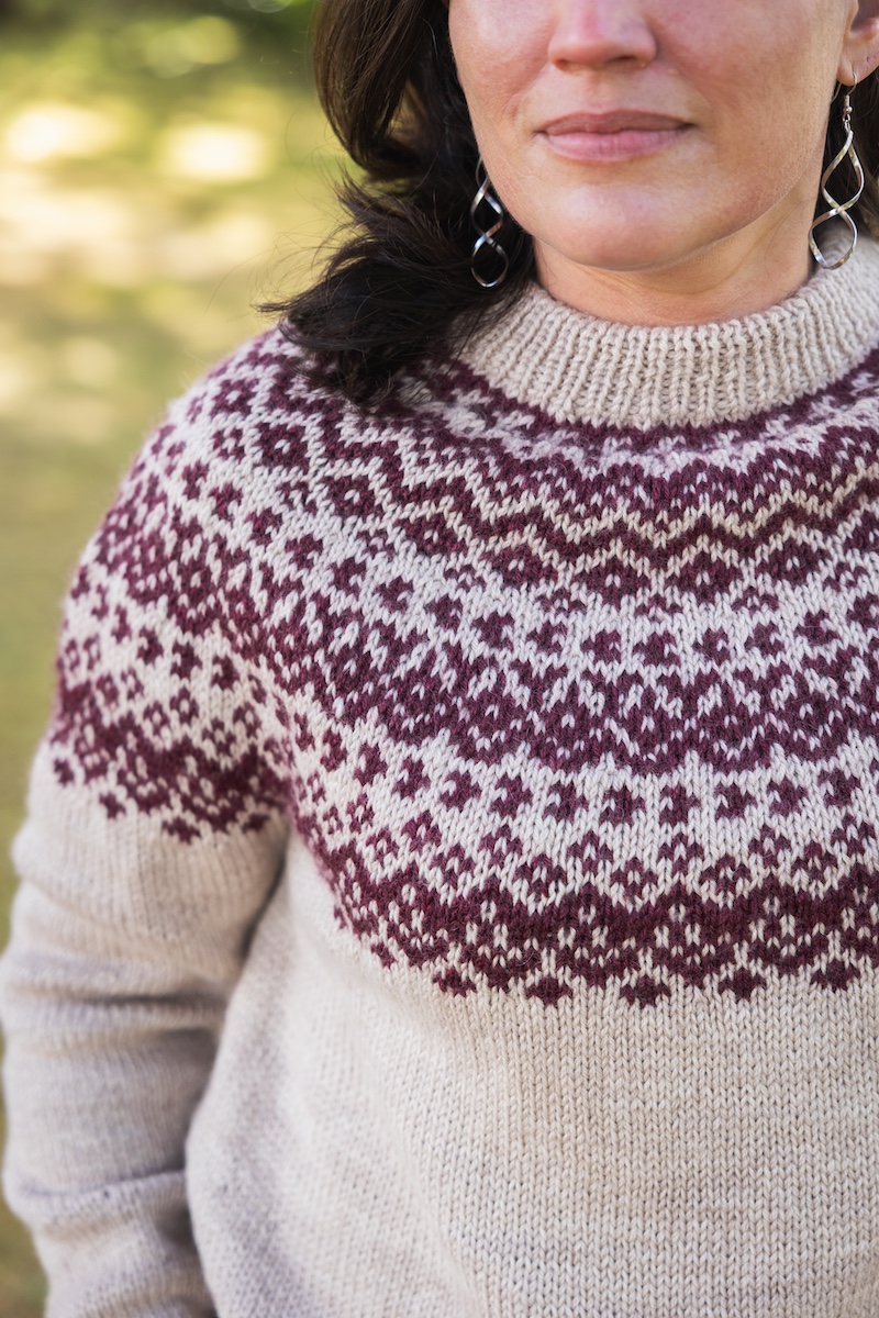 Colourwork yoke sweater knit in hand dyed yarn