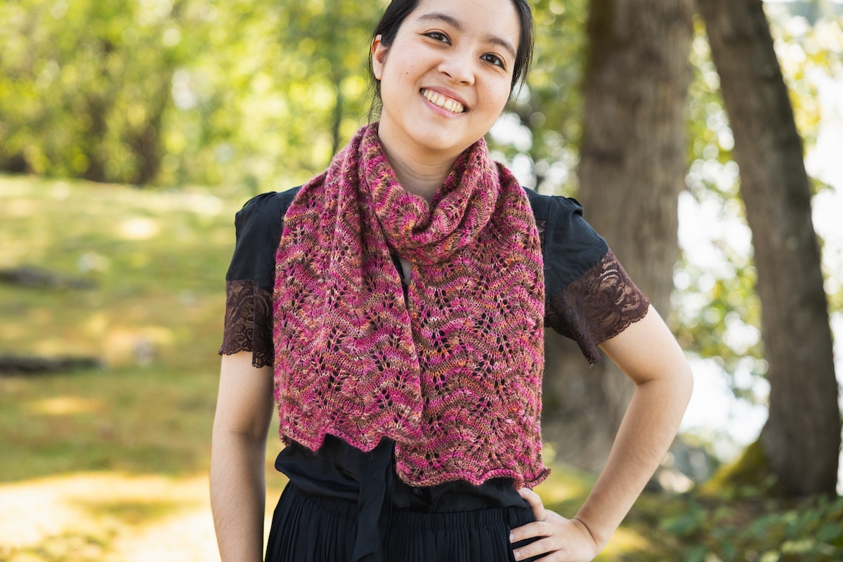Lace knit scarf knit in hand dyed yarn