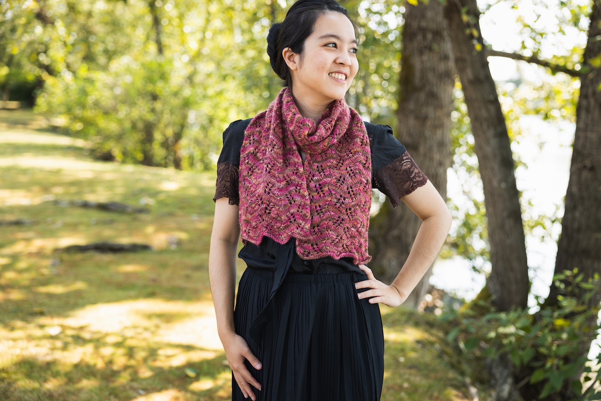 Lace knit scarf knit in hand dyed yarn