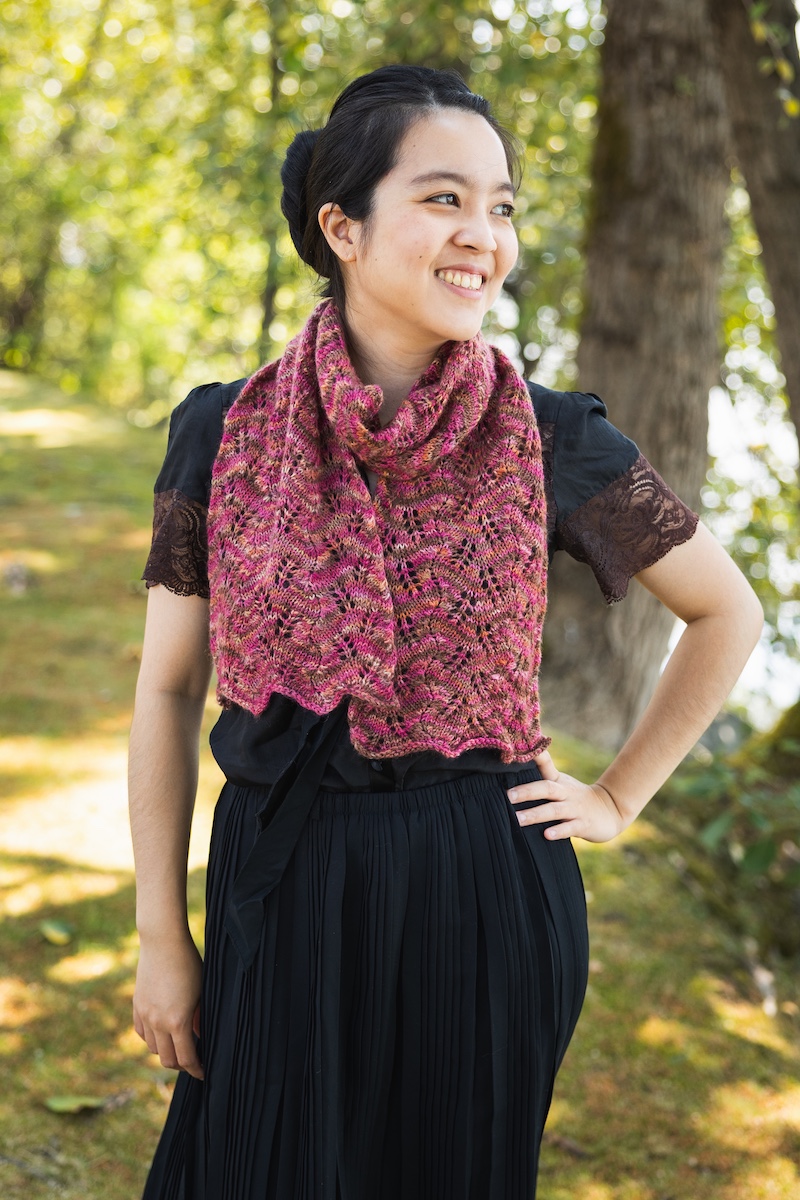 Lace knit scarf knit in hand dyed yarn