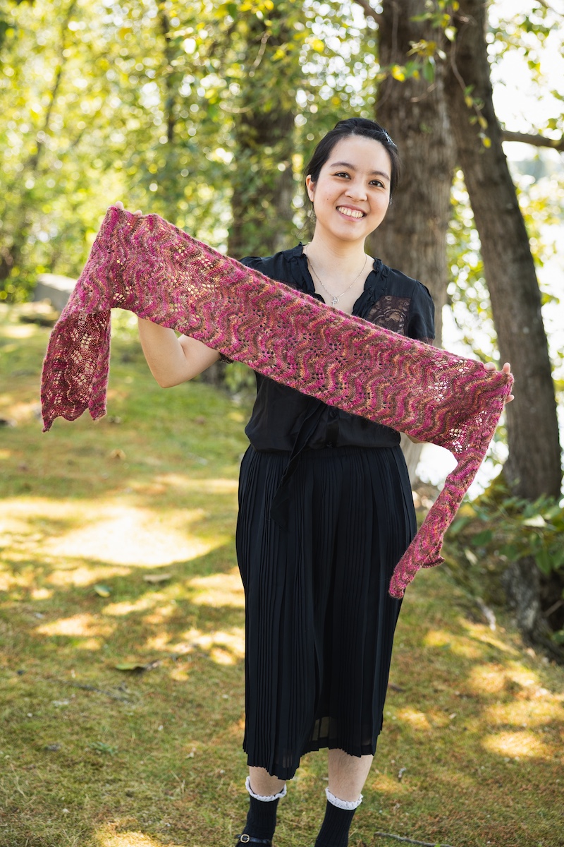 Lace knit scarf knit in hand dyed yarn