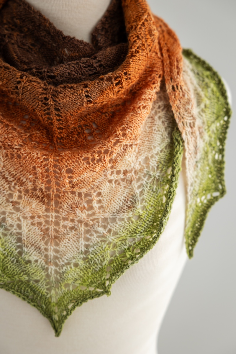 Knit lace shawl in hand dyed yarn gradient