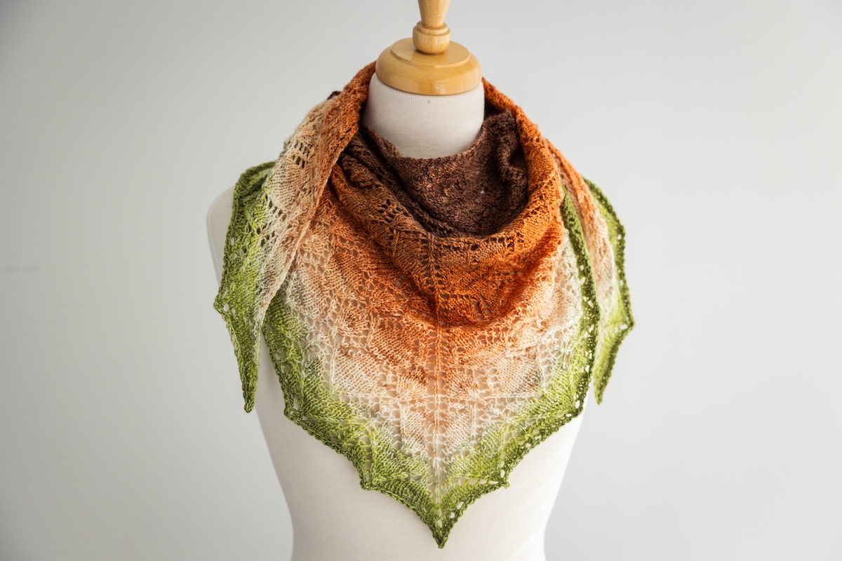 Knit lace shawl in hand dyed yarn gradient