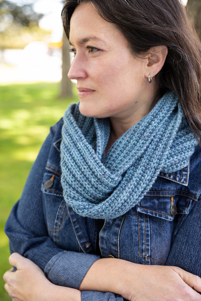 Close up of knit Barbara cowl