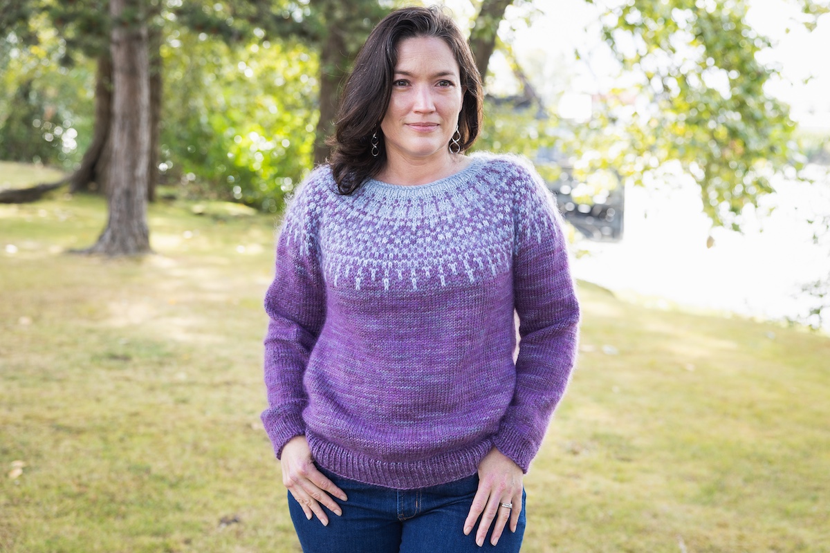 Minecrafty Pullover sweater knit in SweetGeorgia hand-dyed yarn