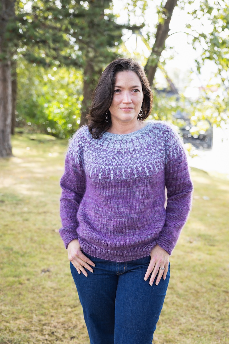 Minecrafty Pullover sweater knit in SweetGeorgia hand-dyed yarn