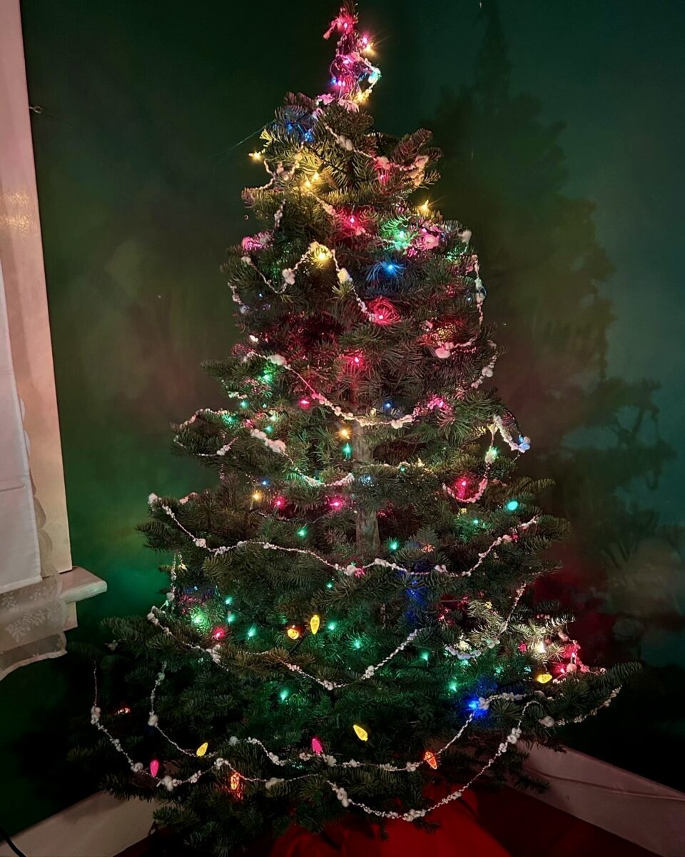 Festive popcorn garland on a tree