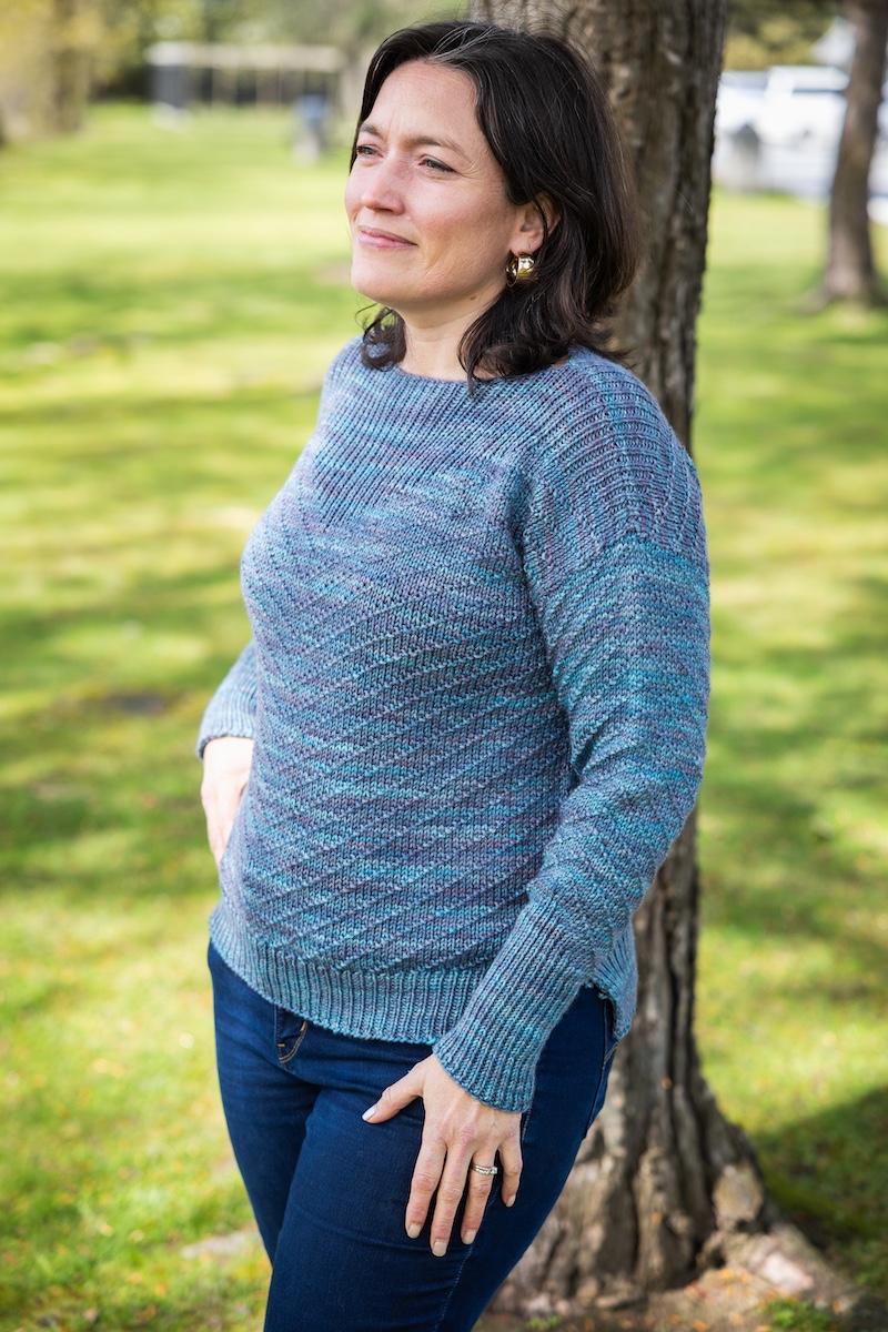 knit Hamilton sweater showcasing hand dyed yarn