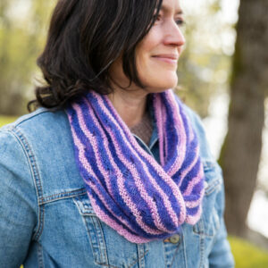Lace and garter stitch cowl knit in hand-dyed yarn