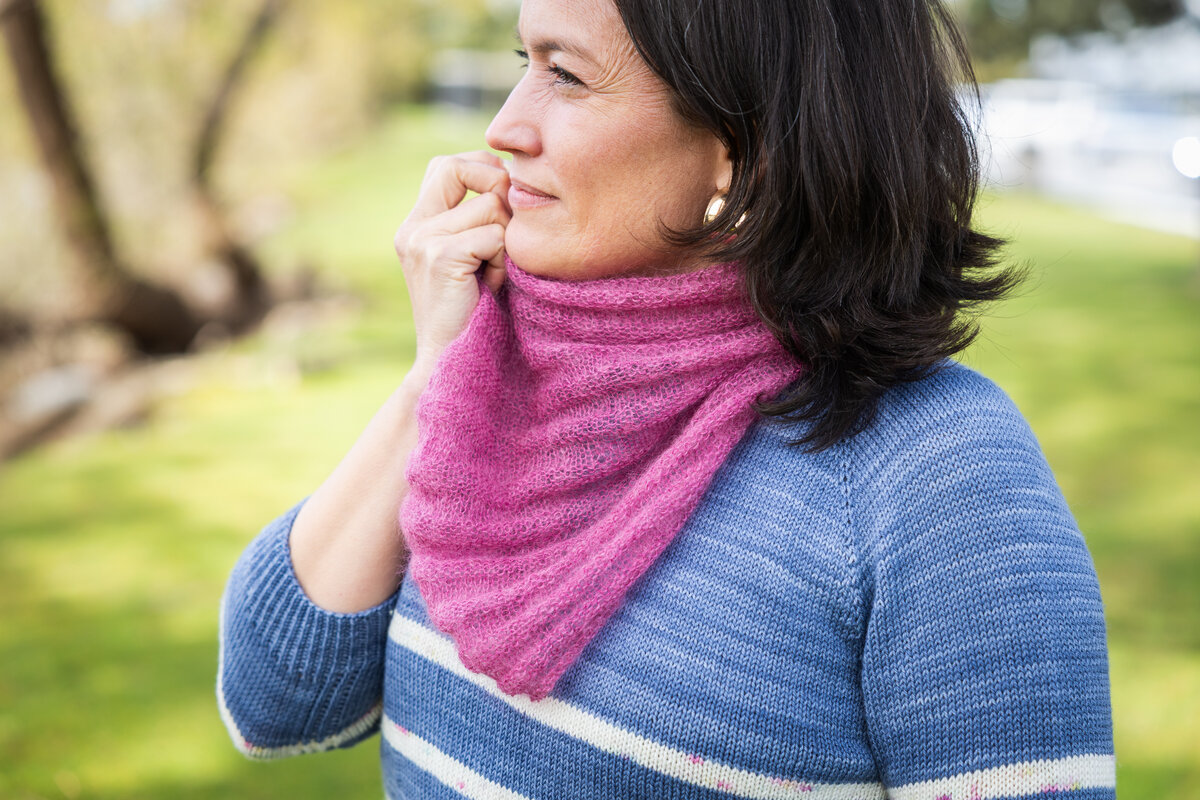 knit cowl in light hand-dyed lace weight yarn