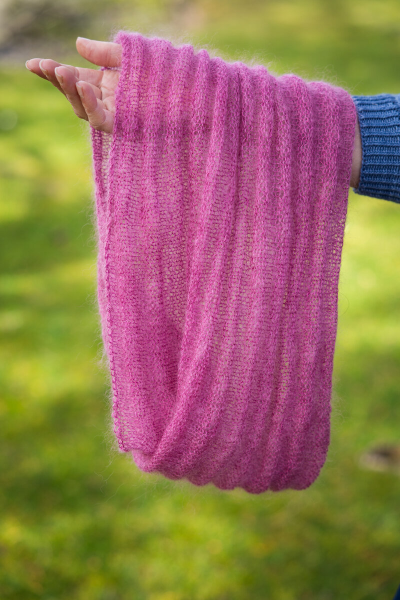 knit cowl in light hand-dyed lace weight yarn