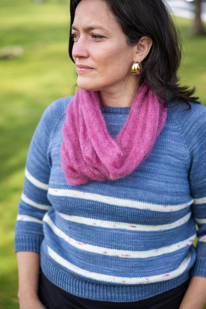 knit cowl in light hand-dyed lace weight yarn