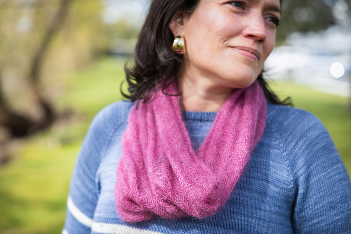 knit cowl in light hand-dyed lace weight yarn