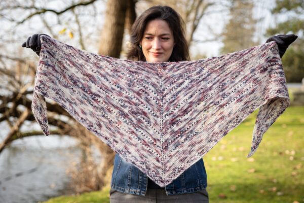 Winter Dawn knit shawl in hand dyed SweetGeorgia yarn
