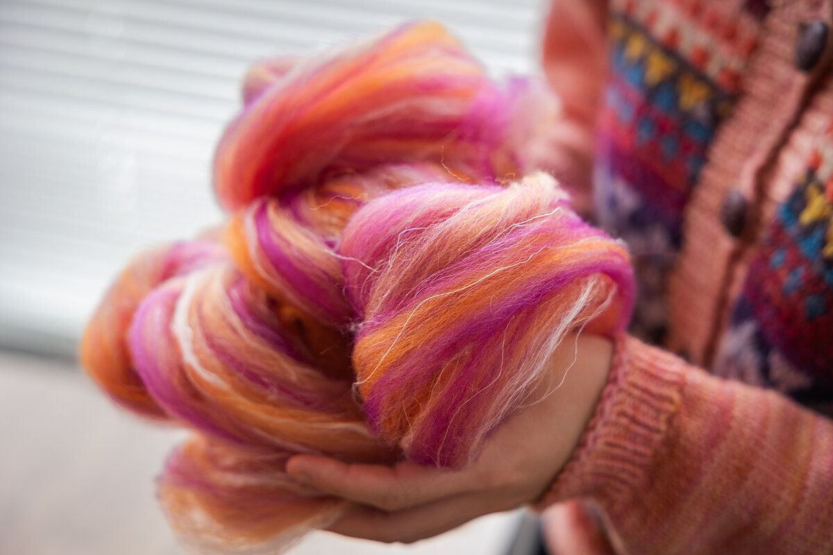 Team Bast Fibre Blending Day, Charlotte's flax and corriedale blend SweetGeorgia Studio January 9, 2026