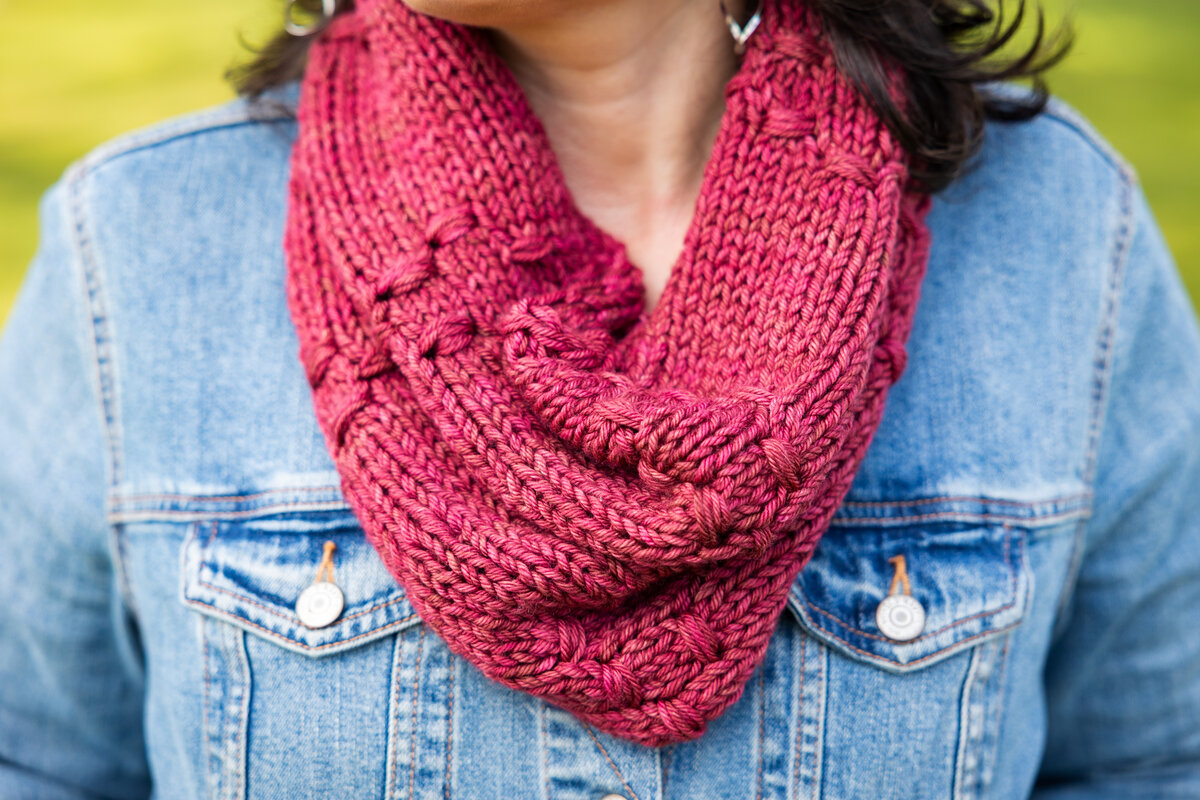 Cozy warm textured knit cowl in Sangria red hand-dyed colourway