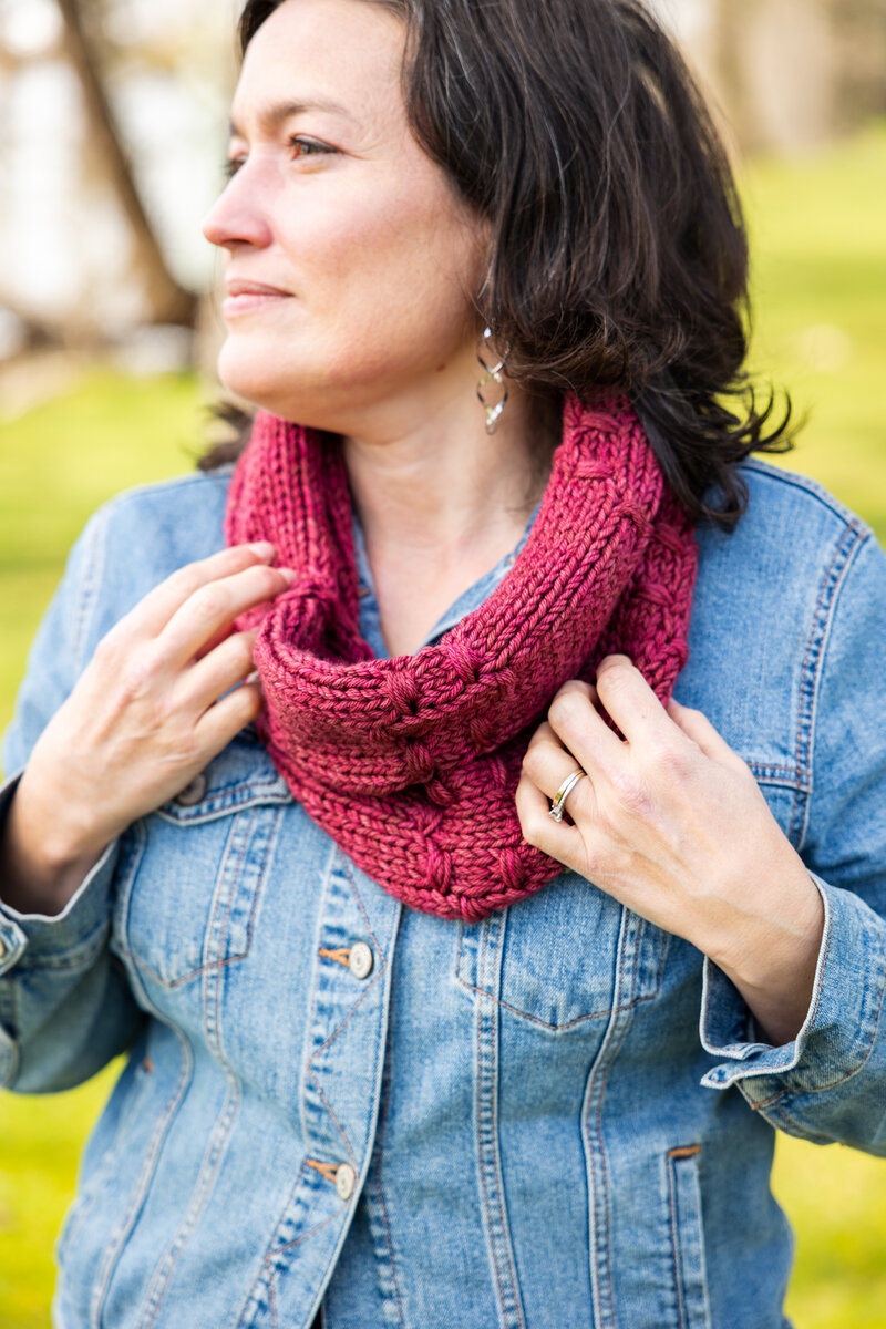 Cozy warm textured knit cowl in Sangria red hand-dyed colourway